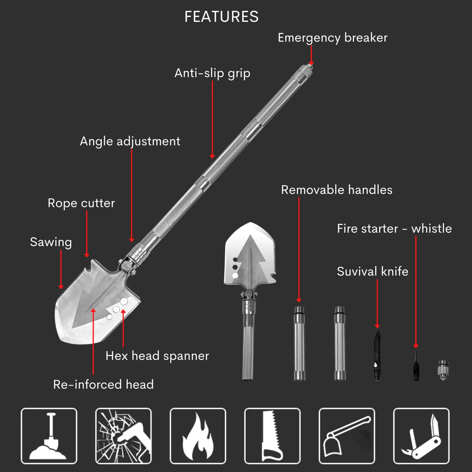 6 in 1 Folding Shovel Multi-Tool for Camping - Image 5